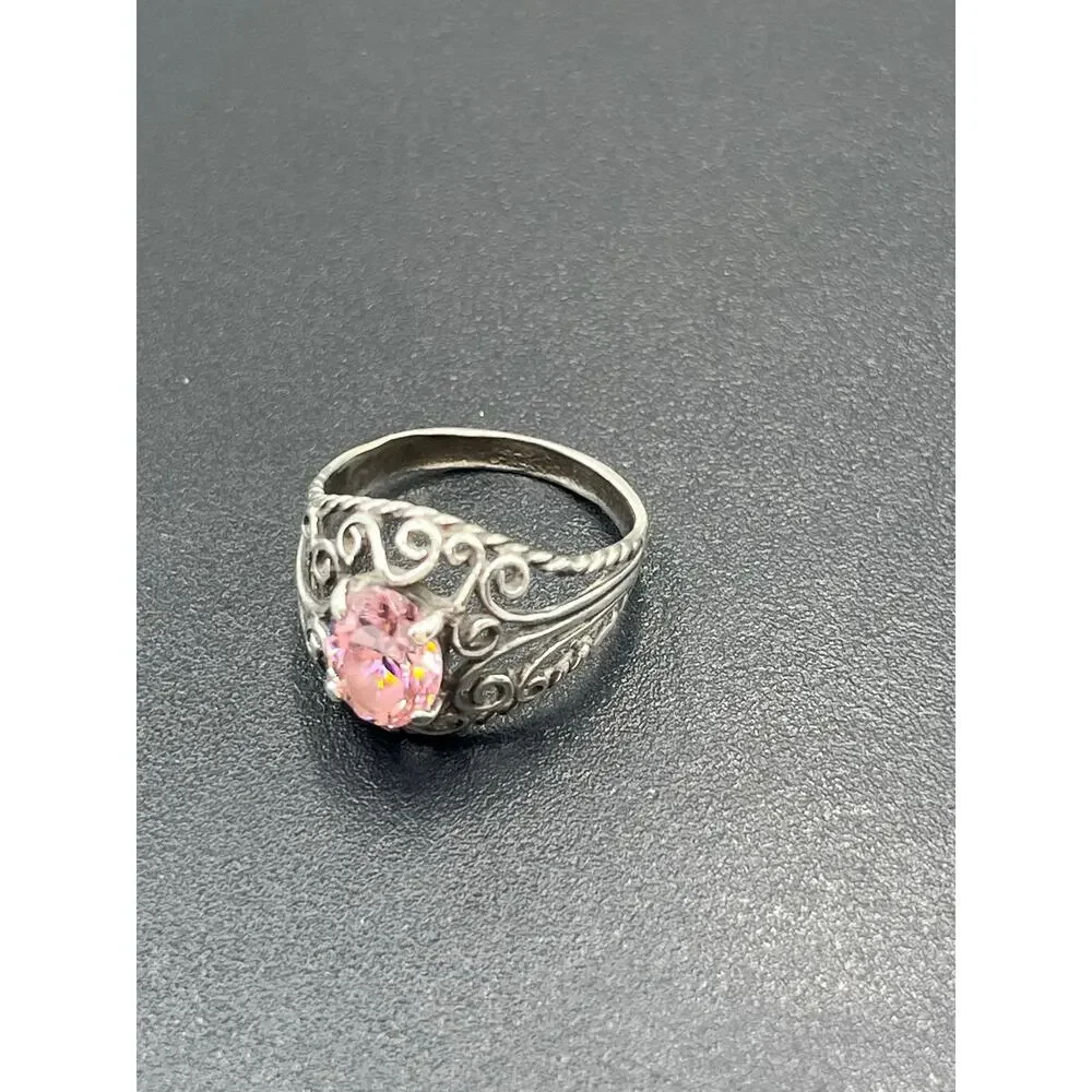 Sterling Silver Vintage Filigree Simulated Pink Sapphire‎ Solitaire Ring 5.25